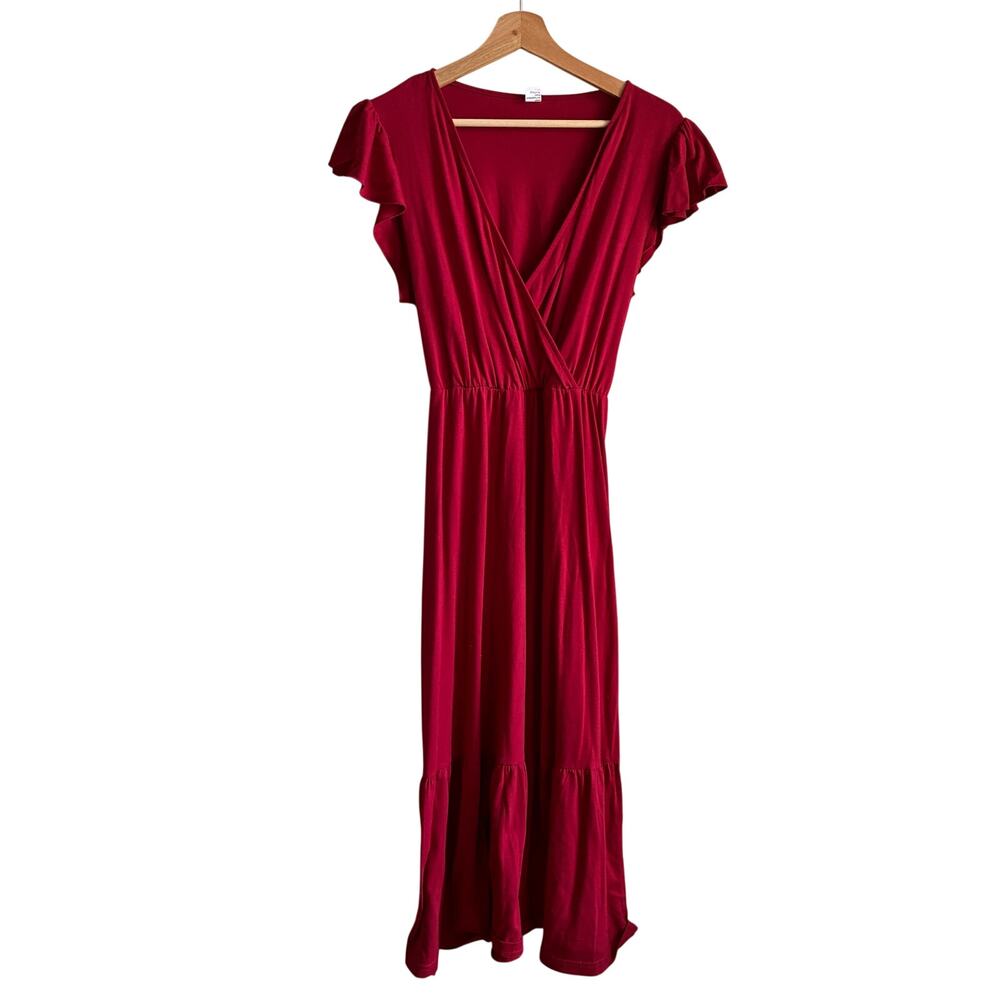 Anrabess red faux wrap midi flutter sleeve v-neck‎ dress ruffles women's large
